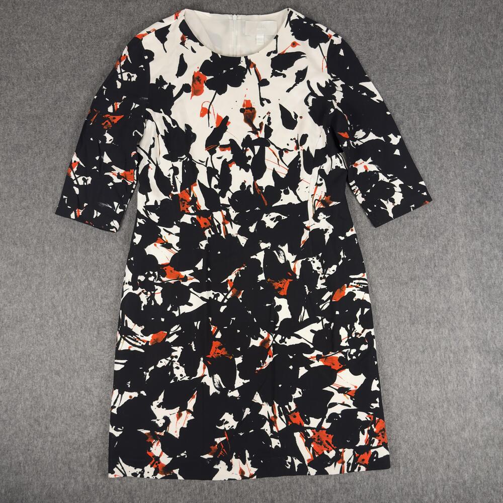 Boss Dress Womens 10 Black Floral Print Sheath 3/4 Sleeve Lined Knee Length